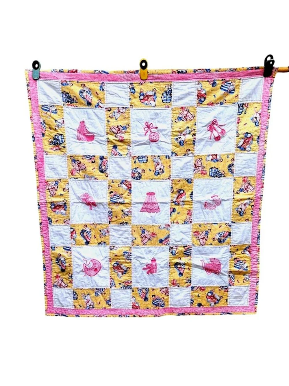 Vintage Baby Quilt Girl Pink Yellow Cotton Machine Embroidery 42x39